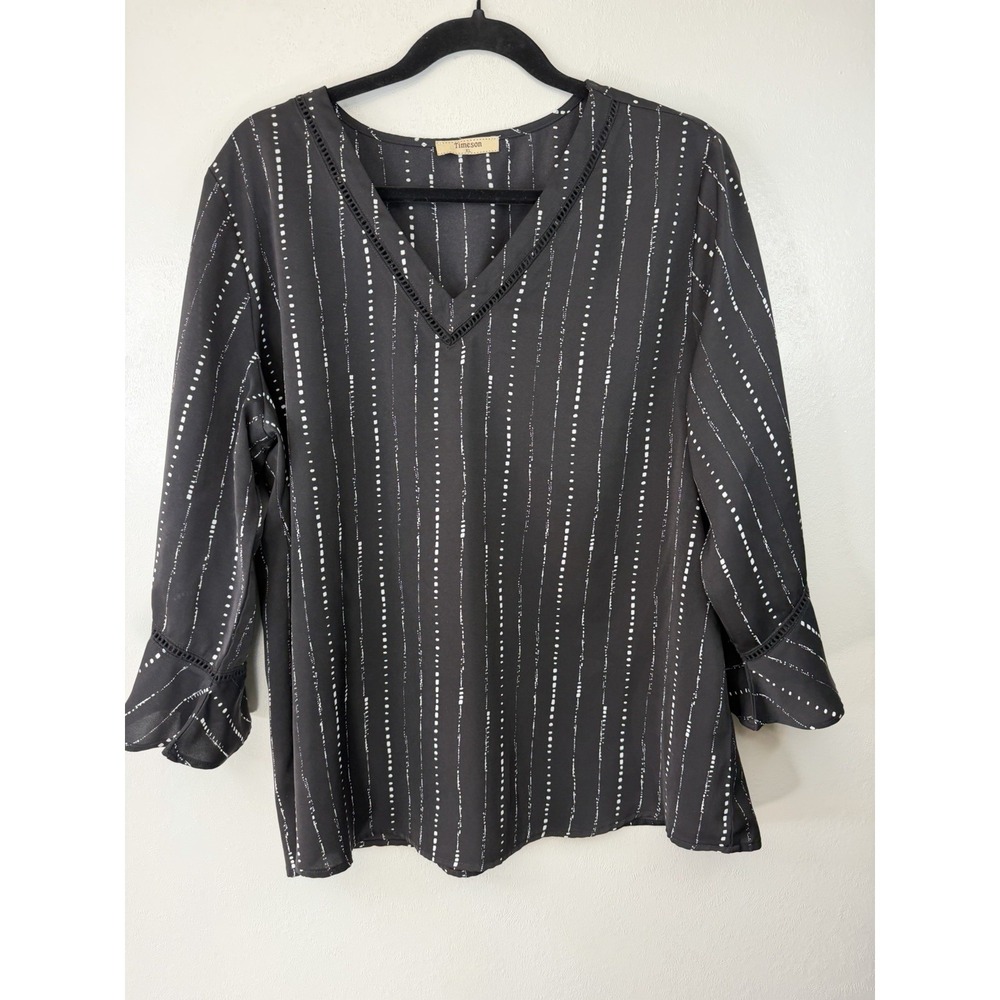 Timeson Black Striped Blouse W Ruffled Cuffs‎ And Crochet Inset Size XL